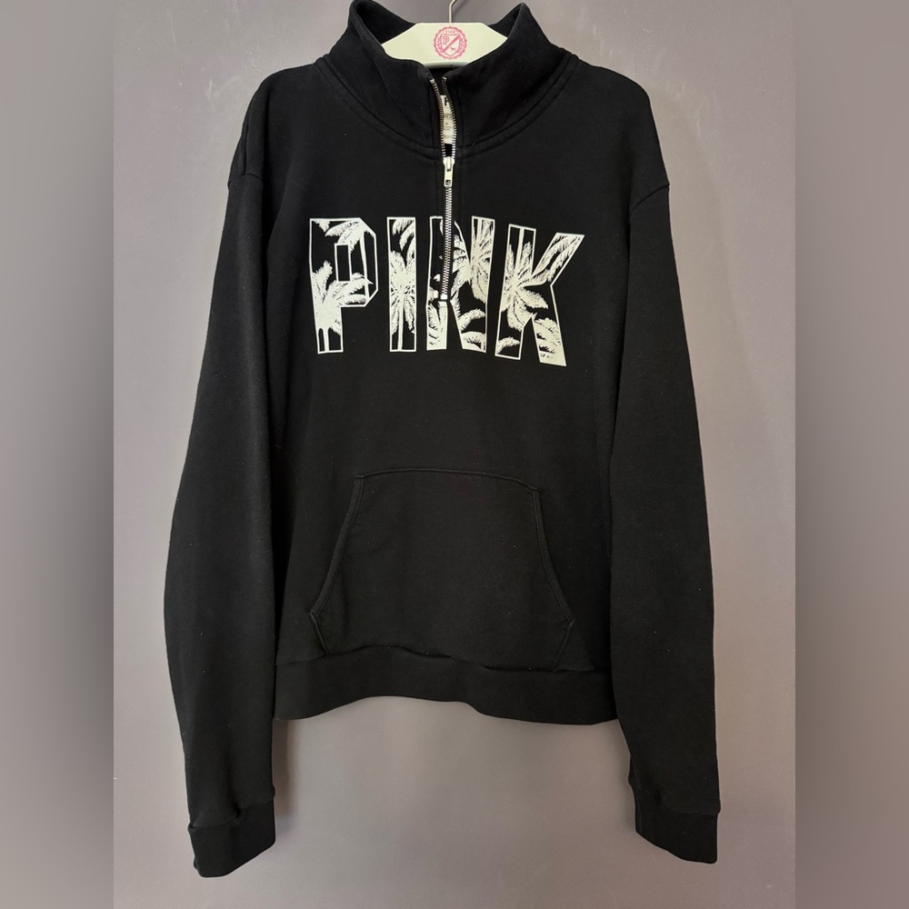 VS PINK VINTAGE 1/2 ZIP CREW SWEATSHIRT BLACK WHITE TROPICAL PALM TREE LOGO RARE